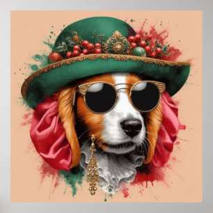 Funny Watercolor AI Image Dog Wearing Hat Poster