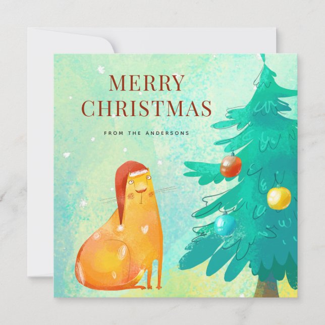 Funny Watercolor Cat Christmas Cards (Front)