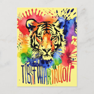 Funny watercolor colourful tiger postcard
