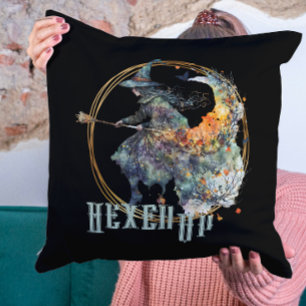 Funny Watercolor Creepy Witches Broom Halloween Cushion