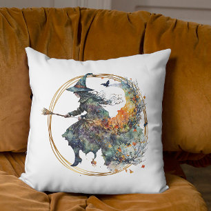 Funny Watercolor Creepy Witches Broom Halloween Cushion