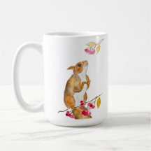 Funny watercolor squirrel on a branch with berries