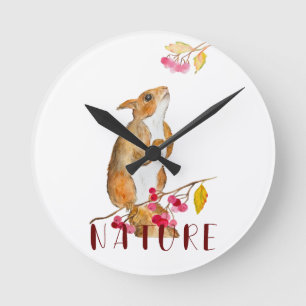 Funny watercolor squirrel on a branch with berries round clock