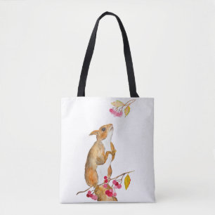 Funny watercolor squirrel on a branch with berries tote bag