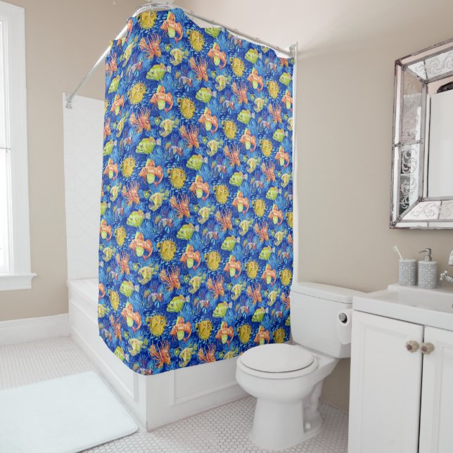 Funny watercolour fish shower curtain (In Situ)