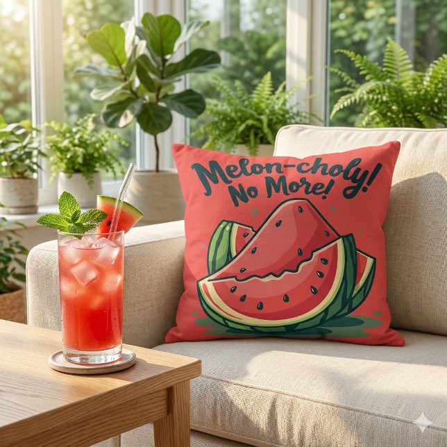 Funny Watermelon Pun "Melon-choly No More"  Cushion (Funny Watermelon Pun Melon-choly No More Throw Pillow Mockup A)