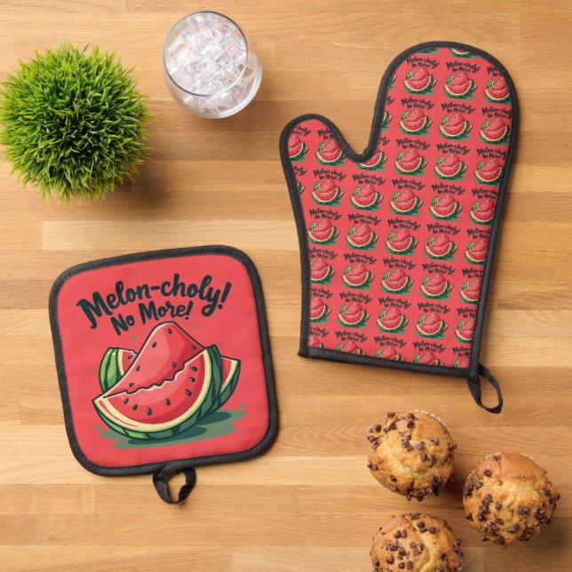 Funny Watermelon Pun "Melon-choly No More"  Oven Mitt & Pot Holder Set (Top Down)