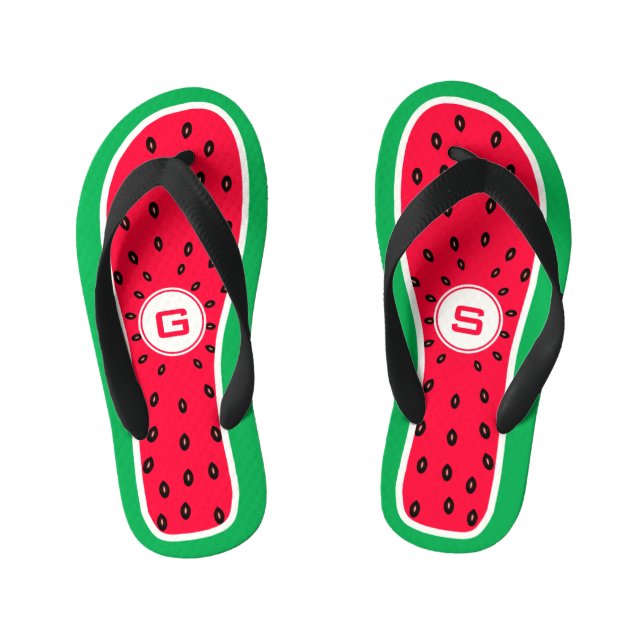 Funny Watermelon Slice Monogrammed Design Kid's Jandals (Footbed)