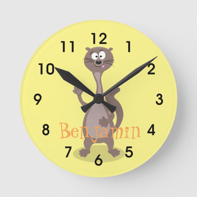 Funny weasel cartoon illustration saying hello round clock (Front)