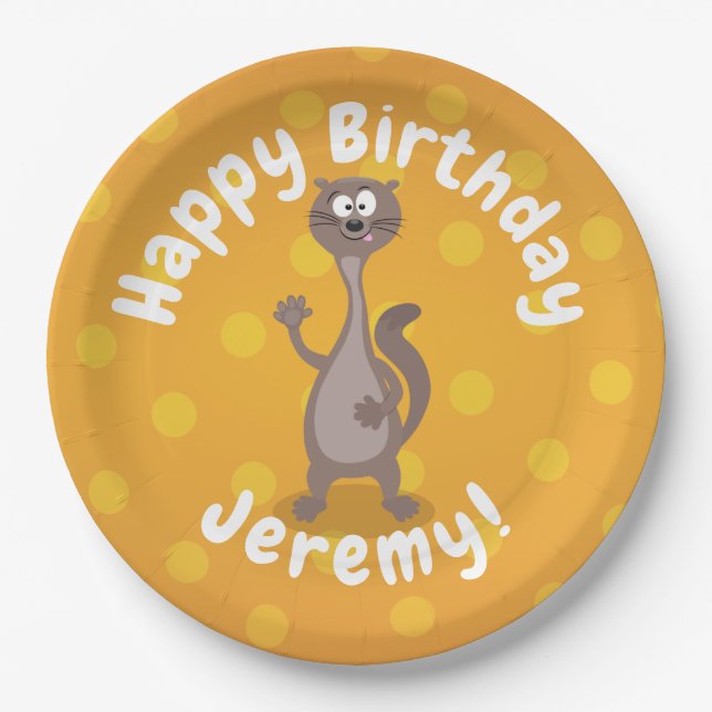 Funny weasel waving cartoon illustration paper plate (Front)
