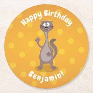 Funny weasel waving cartoon illustration round paper coaster