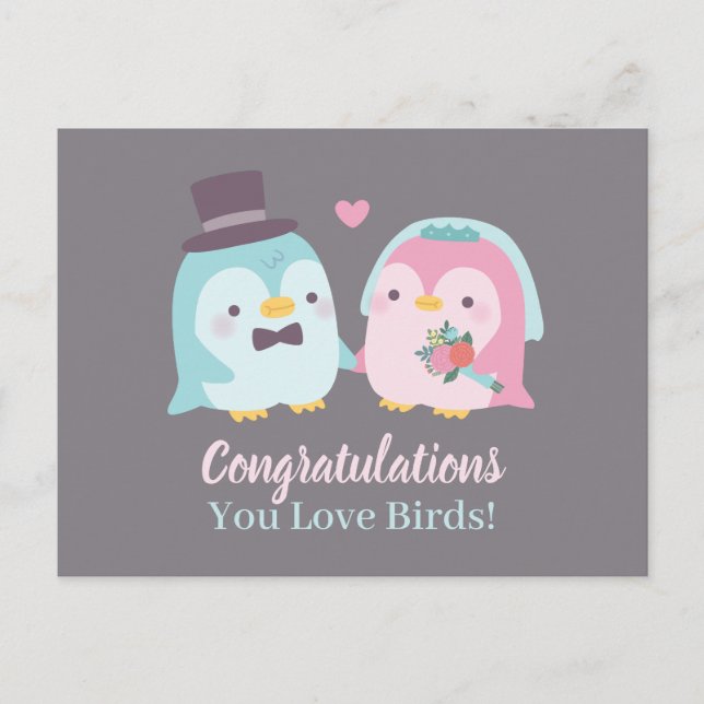 Funny Wedding Congratulations Penguin Love Birds Postcard (Front)