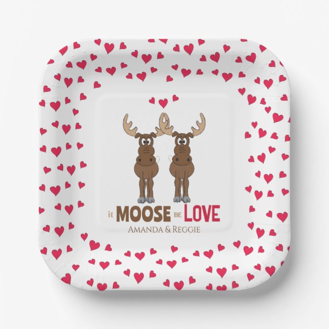 Funny Wedding Party Cute Whimsical Moose Hearts Paper Plate (Front)
