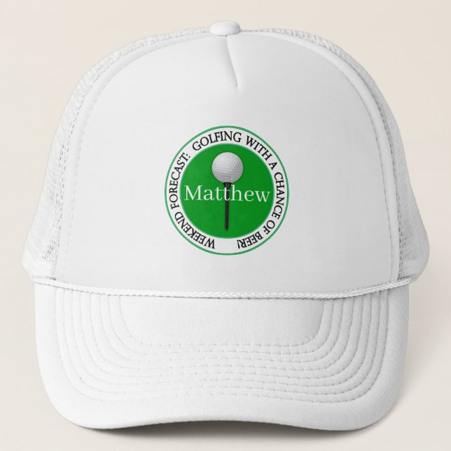Funny Weekend Forecast Golf Ball Baseball  Trucker Hat (Front)
