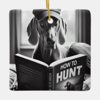 Funny Weimaraner Reading a Book on How to Hunt Ceramic Ornament