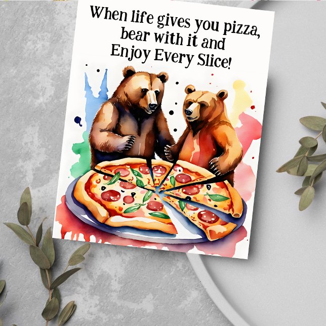 Funny well wishes bears having a huge pizza postcard (Funny well wishes cheer up postcard two bears having a pizza motivational wishing well greetings)