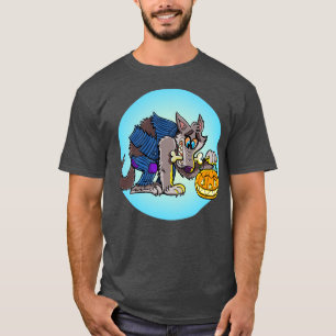 funny werewolf is holding a pumpkin lamp for Hallo T-Shirt