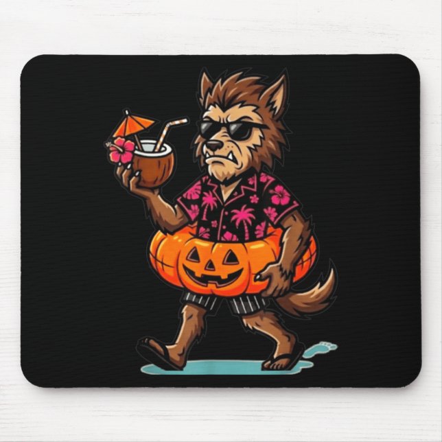 Funny Werewolf Walking with Halloween Pumpkin Mouse Pad (Front)