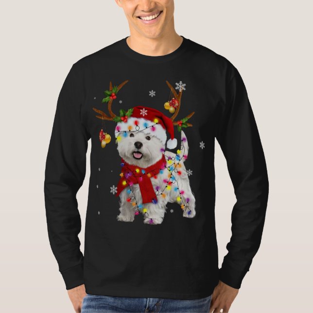 Funny Westie Christmas Reindeer Christmas Lights P T-Shirt (Front)