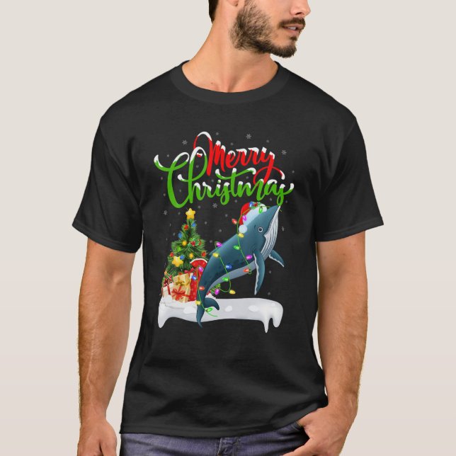 Funny Whale Lover Xmas Lighting Humpback Whale Chr T-Shirt (Front)