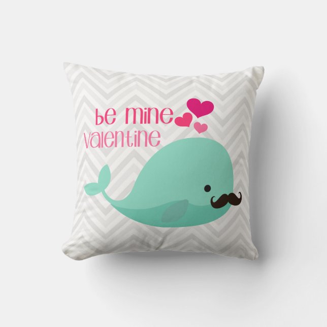 Funny Whale with Moustache Be Mine Valentine Cushion (Front)