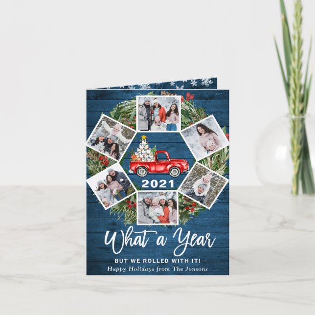 Funny What a Year Christmas Red Truck 6 PHOTO Holiday Card (Front)