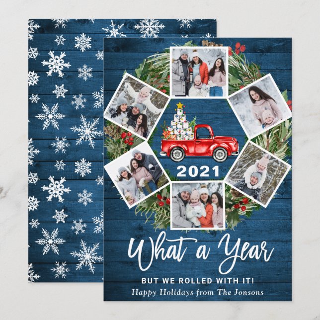 Funny What a Year Christmas Red Truck 6 PHOTO Holiday Card (Front/Back)