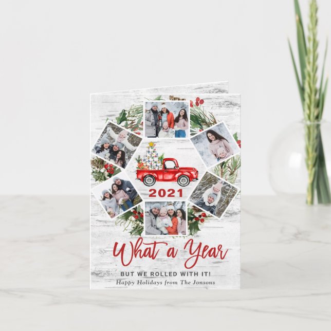 Funny What a Year Christmas Red Truck 6 PHOTO Holiday Card (Front)