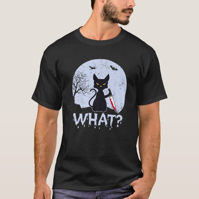 Funny What Murderous Cat With Bloody Knife Moon Ha T-Shirt (Front)