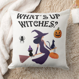 Funny What's Up Witches Halloween Witch and cat Cushion