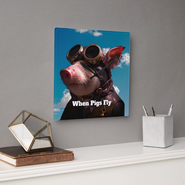 Funny When Pigs Fly Square Wall Clock (Office)