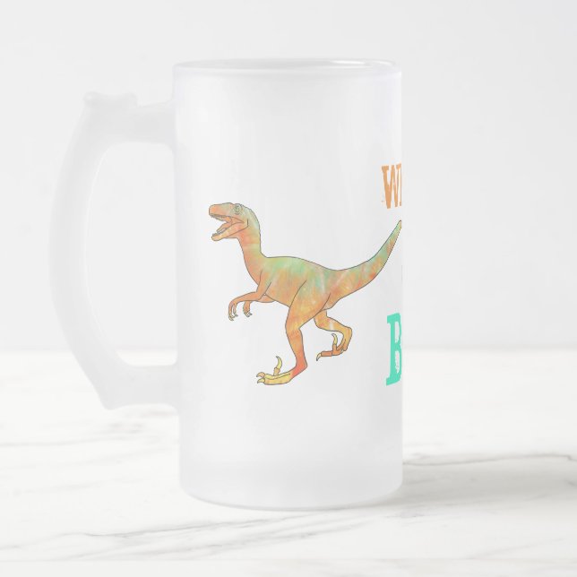Funny Wheres the Beer Velociraptor Dinosaur Raptor Frosted Glass Beer Mug (Left)