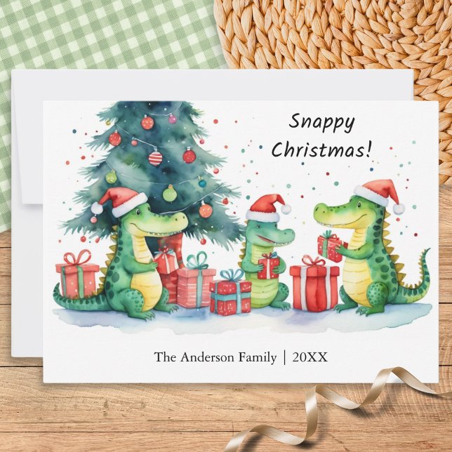 Funny Whimsical Alligator Family Snappy Christmas Holiday Card (A funny Christmas card featuring a family of alligators opening festive gifts, in a watercolor style)
