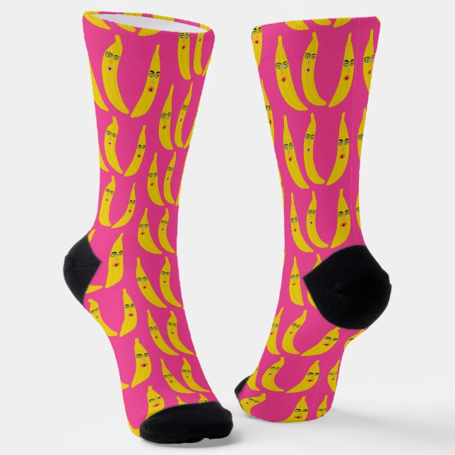 Funny Whimsical Bananas Pattern Fun Fruity Faces Socks (Angled)