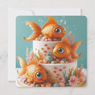 FUNNY WHIMSICAL BIG EYED GOLDFISH  BIRTHDAY CAKE CARD