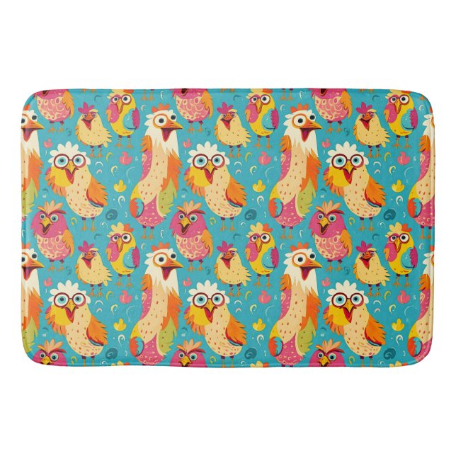 Funny Whimsical Cartoon Abstract Chickens Bath Mat (Front)