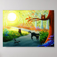 Funny Whimsical Cat Owl Skunk Racoon Forest