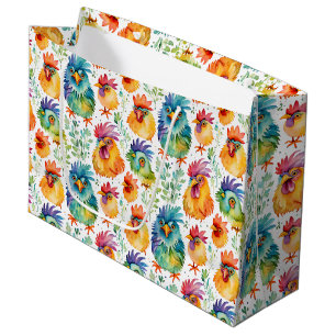 Funny Whimsical Chickens Colourful Birthday Large Gift Bag