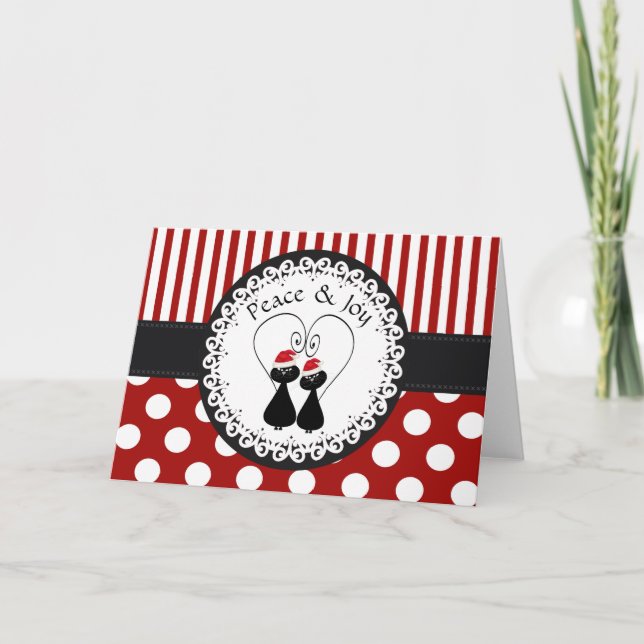 Funny whimsical Christmas cat couple pattern Holiday Card (Front)