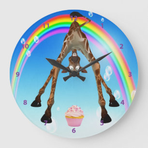 Funny Whimsical Giraffe Cupcake & Rainbow Large Clock