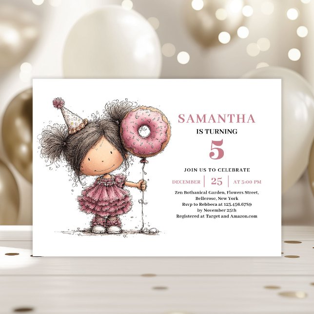 Funny Whimsical Kids 5th Birthday Invite Pink (Funny Whimsical Kids 5th Birthday Invite Pink)