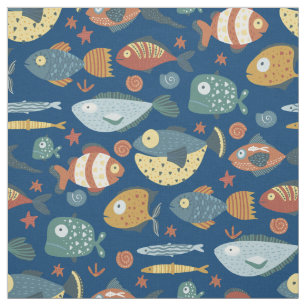 Funny Whimsical Ocean Sea Fish Blue Pattern Fabric