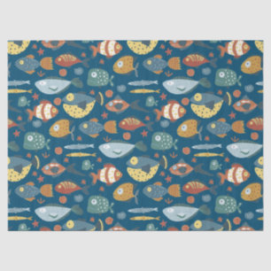 Funny Whimsical Ocean Sea Fish Blue Pattern Tissue Paper
