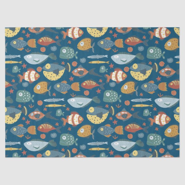 Funny Whimsical Ocean Sea Fish Blue Pattern Tissue Paper (Front)