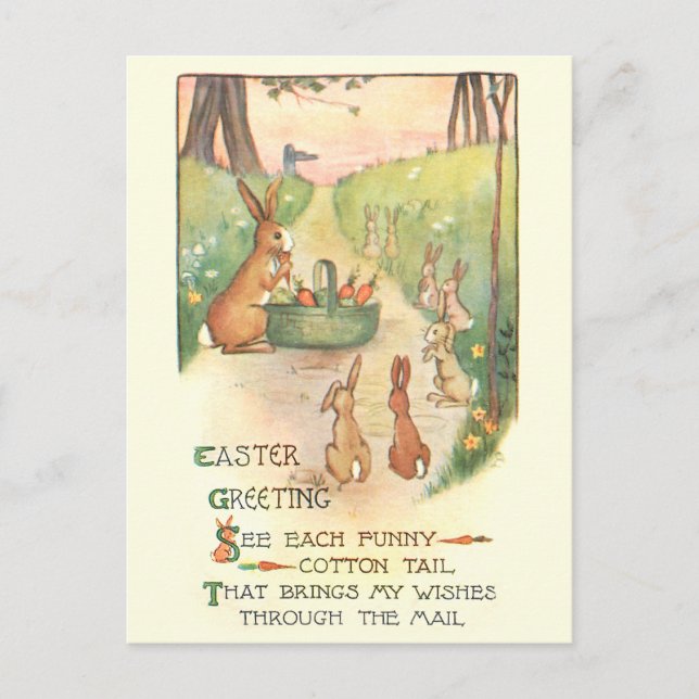Funny Whimsical Vintage Easter Bunnies and Rhyme Postcard (Front)