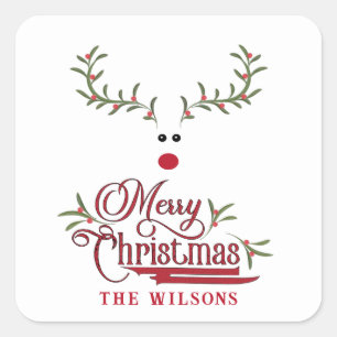 Funny whimsy holly berry reindeer Holiday  Square Sticker