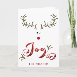 Funny whimsy holly reindeer joy non photo Holiday Card