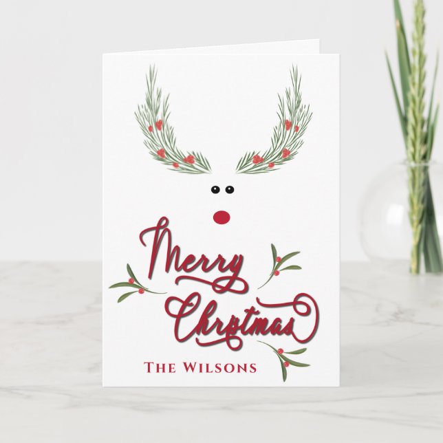 Funny whimsy holly reindeer  non photo Holiday Card (Front)