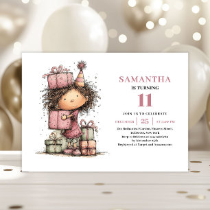Funny Whimsy Kids 11th Birthday Invitation Pink