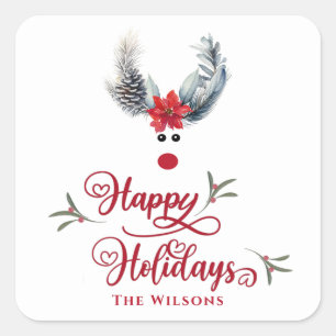 Funny whimsy poinsettia reindeer Holiday Square Sticker